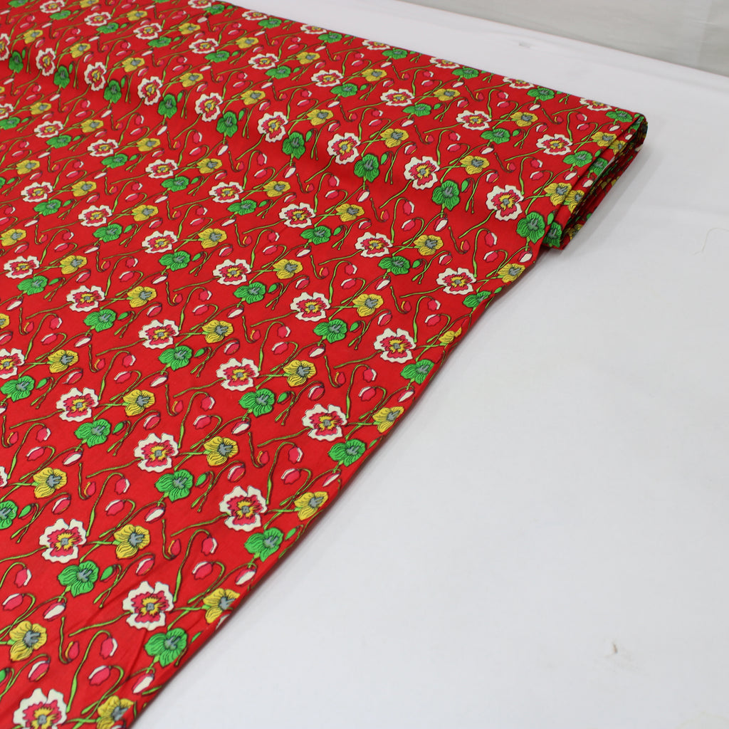Per Metre Premium Quality 100% Cotton Lawn  60" Wide - Red Flowers