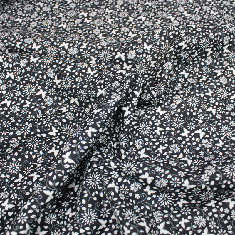 Per Metre Floral Butterfly Print, Quilting Cotton, 36" Wide - Black regular