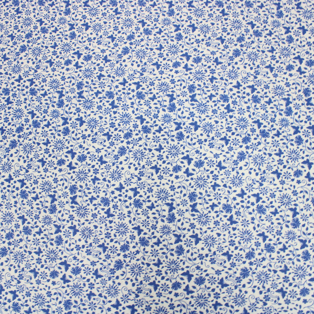 Per Metre Floral Butterfly Print, Quilting Cotton, 36" Wide - White & Blue