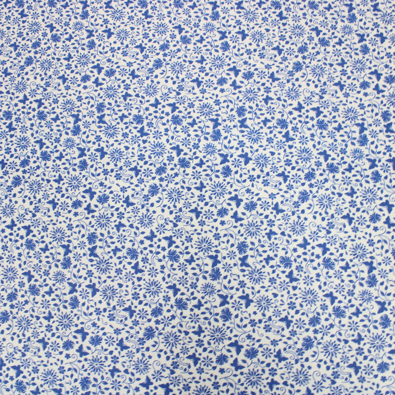 Per Metre Floral Butterfly Print, Quilting Cotton, 36" Wide - White & Blue regular