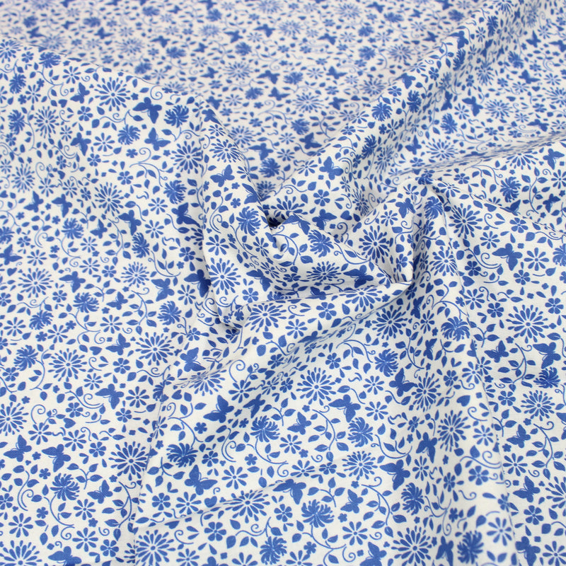 Per Metre Floral Butterfly Print, Quilting Cotton, 36" Wide - White & Blue regular