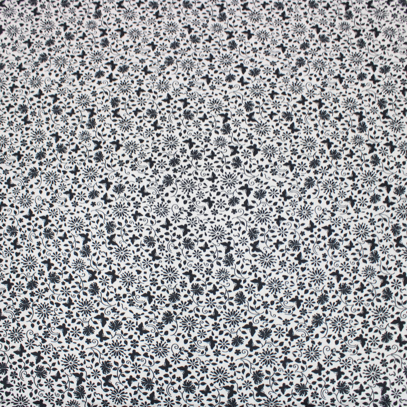 Per Metre Floral Butterfly Print, Quilting Cotton, 36" Wide - White & Black regular