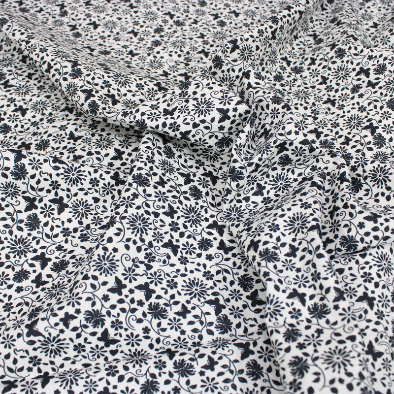 Per Metre Floral Butterfly Print, Quilting Cotton, 36" Wide - White & Black regular