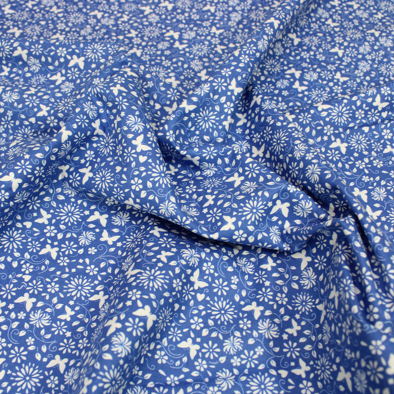 Per Metre Floral Butterfly Print, Quilting Cotton, 36" Wide - Blue regular