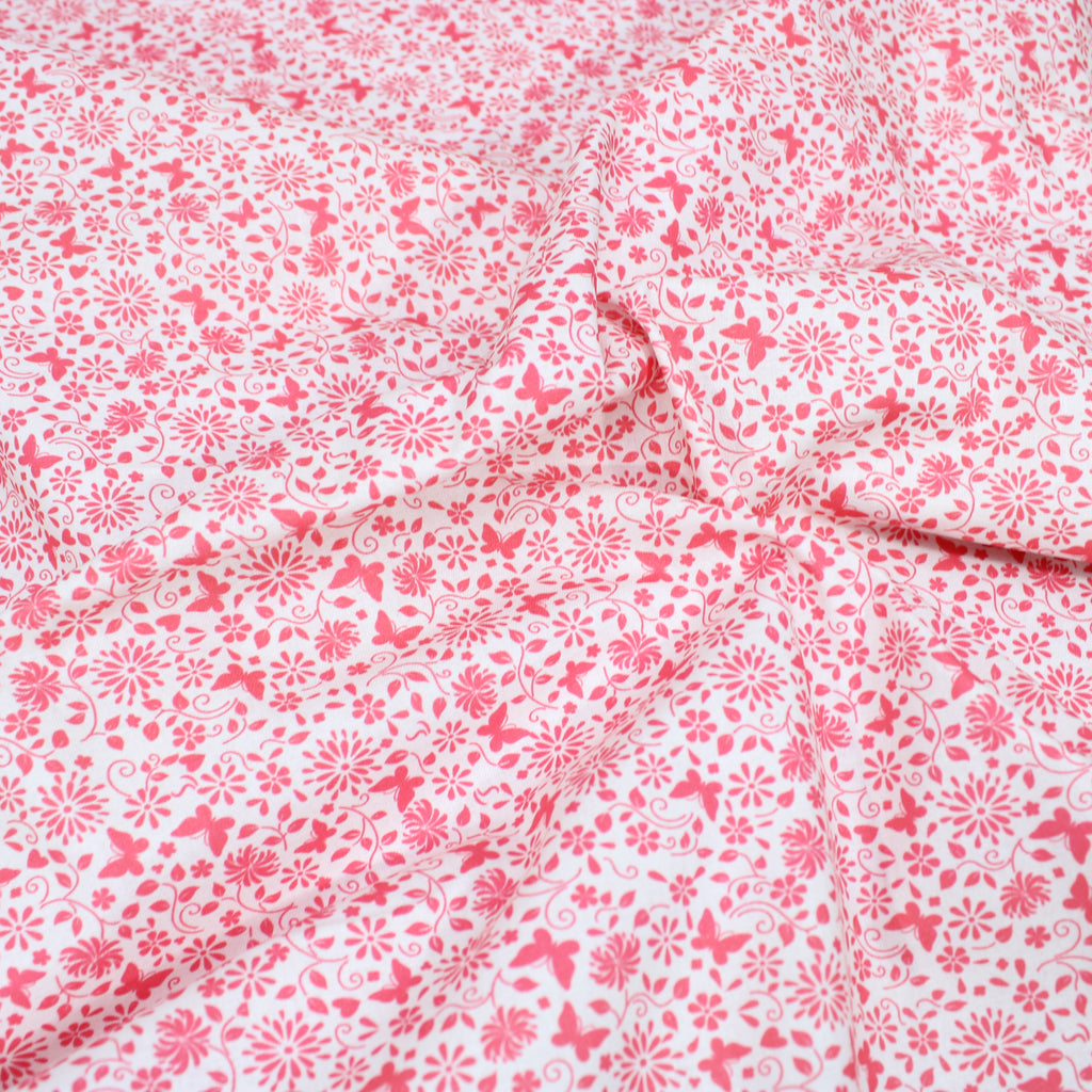 Per Metre Floral Butterfly Print, Quilting Cotton, 36" Wide - White & Pink