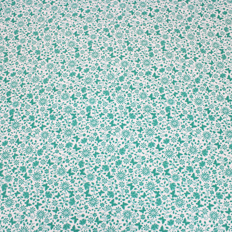 Per Metre Floral Butterfly Print, Quilting Cotton, 36" Wide - White & Green  regular
