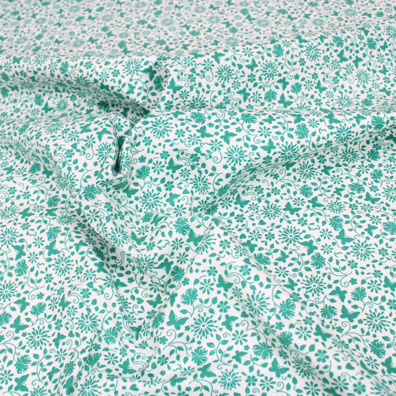 Per Metre Floral Butterfly Print, Quilting Cotton, 36" Wide - White & Green  regular