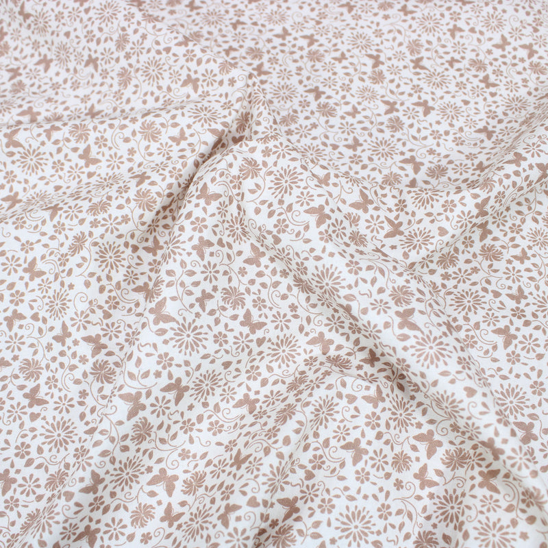 Per Metre Floral Butterfly Print, Quilting Cotton, 36" Wide - White & Brown regular