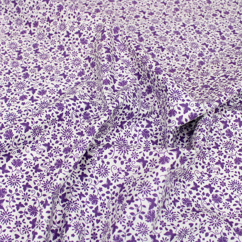 Per Metre Floral Butterfly Print, Quilting Cotton, 36" Wide - White &  Purple regular