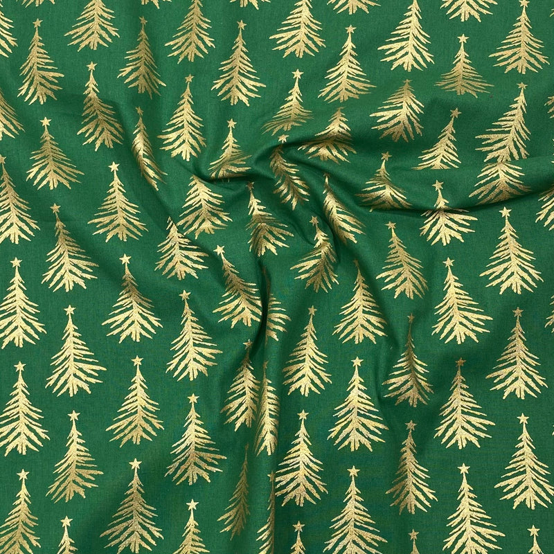 Per Metre Digitally Printed Gold Foil Christmas 100% Cotton- 45" Wide (Green Tree) regular