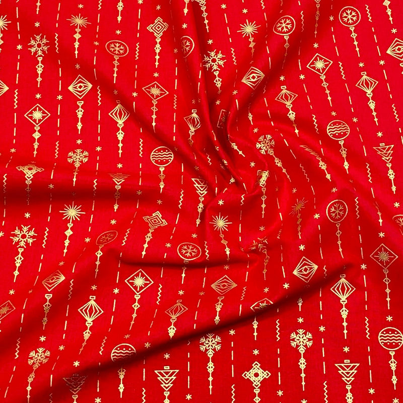 Per Metre Digitally Printed Gold Foil Christmas 100% Cotton- 45" Wide (Red Design) regular