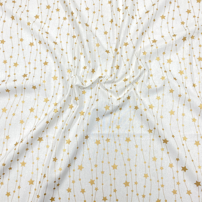 Per Metre Digitally Printed Gold Foil Christmas 100% Cotton- 45" Wide (White Star) regular