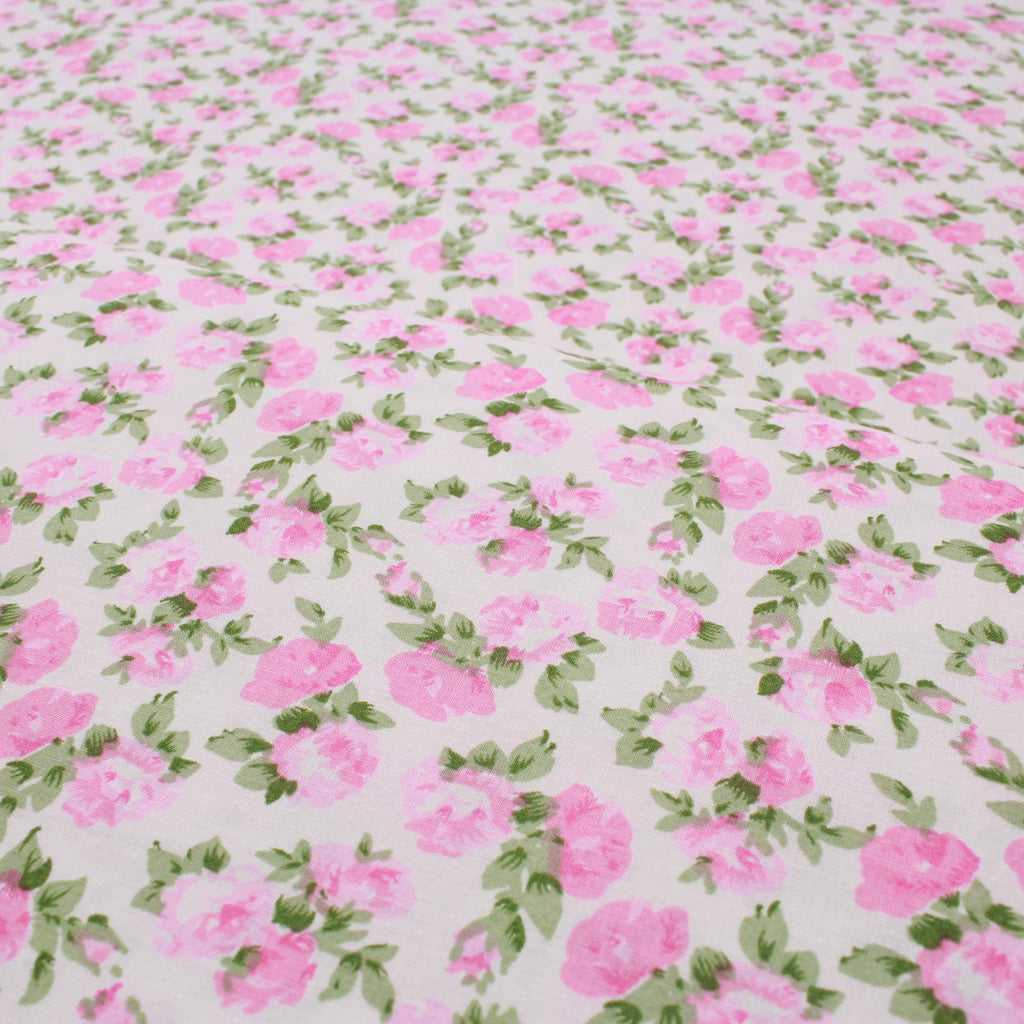 Pink Roses Floral, 100% Cotton Poplin White
