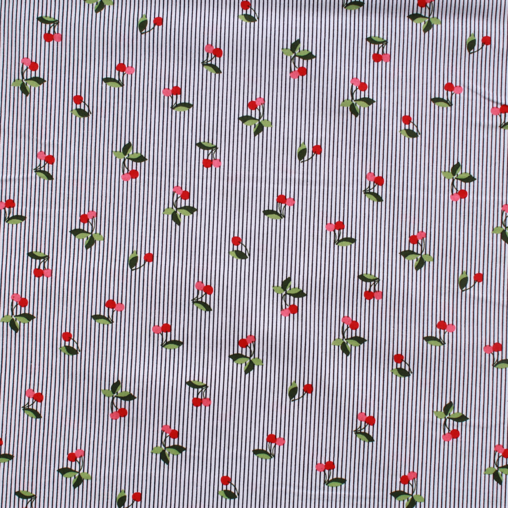Vintage Pinstripe Cherries White Premium Cotton Poplin