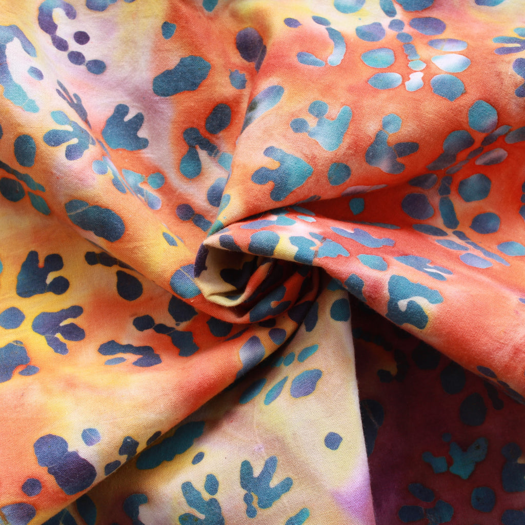 Hand Printed Pigment Floral Batik Orange/Purple Fabric, Premium Cotton, 44" 