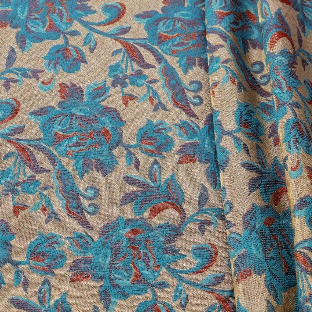 Shimmer Brocade Jacquard Fabric Traditional Rose Vines Blue