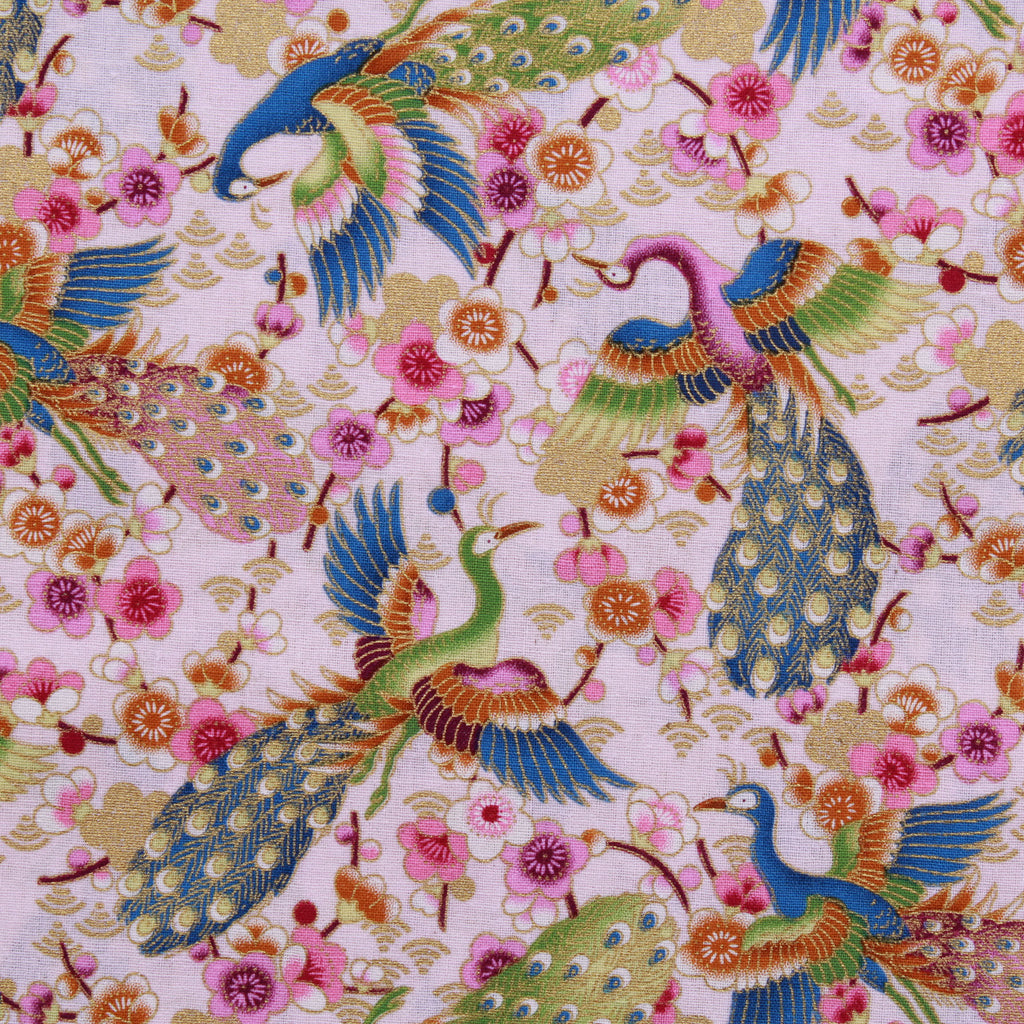 Foil Cotton Hungry Peacock Japanese Fabric, Light Pink, 44" Wide