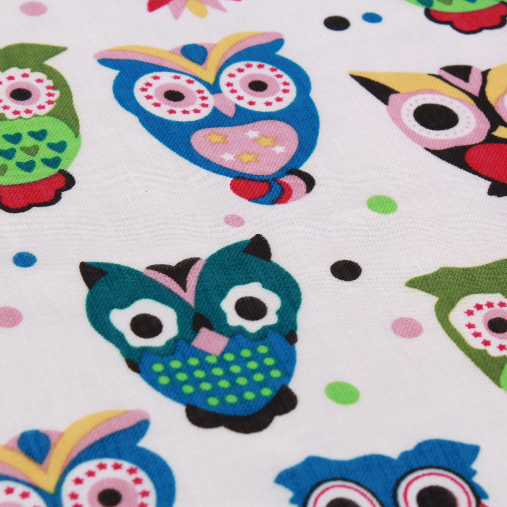 White Multi Owls - 100% Polyester Printed Santana Yarn, 150cm Wide, 90GSM