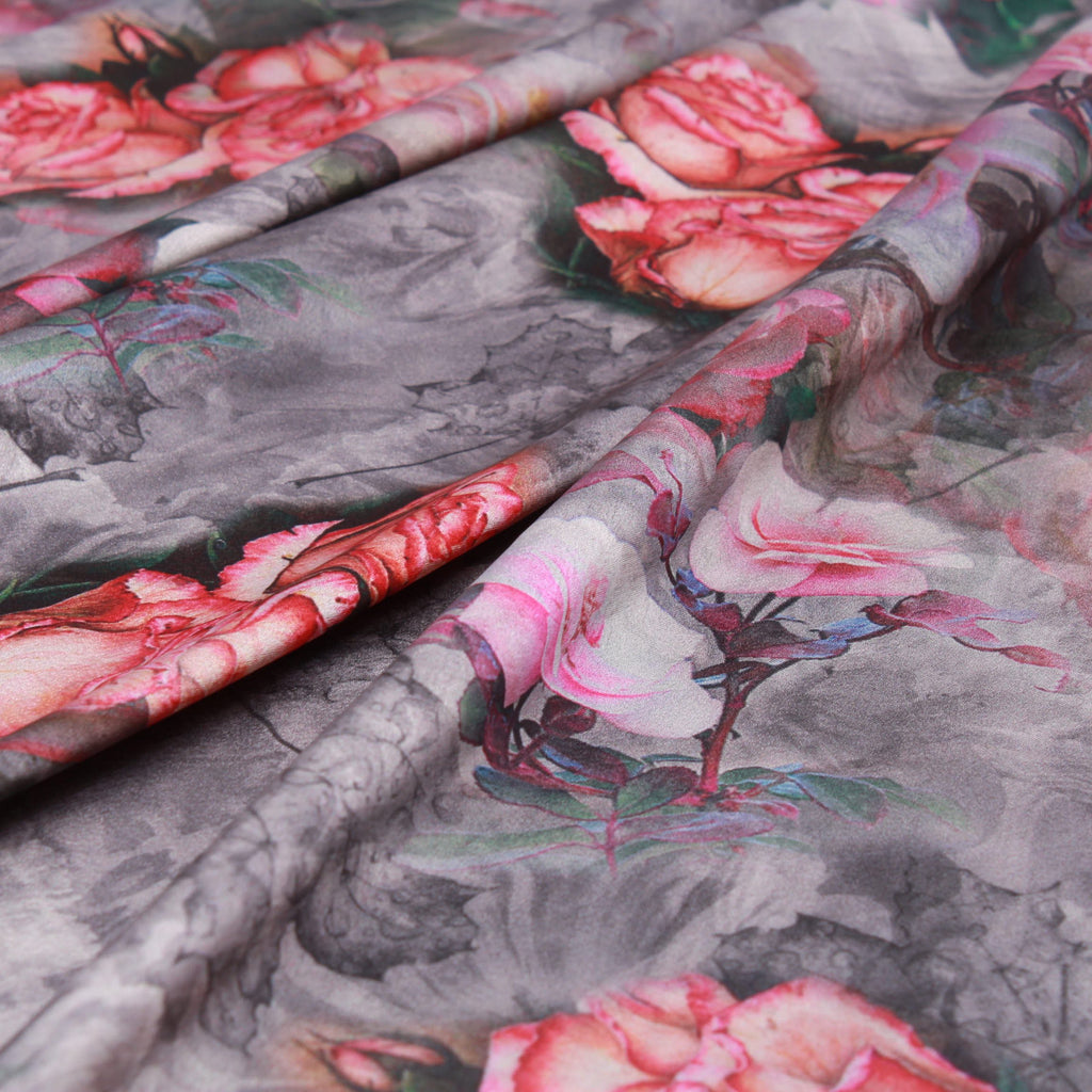 Rosebud Garden Floral 100% Polyester Digital Print Satin, Approx 147cm Wide