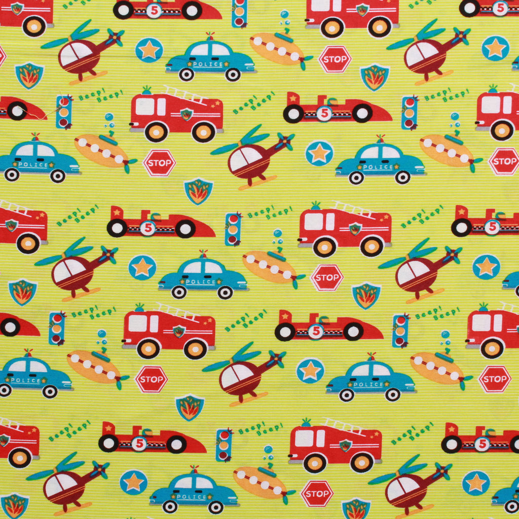 Vehicles Themed Quilting Cotton, Zoom Collection, Blue, Grey, Green