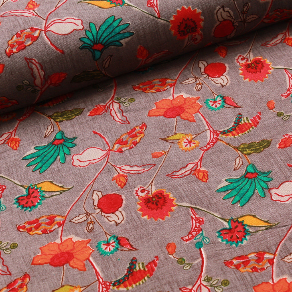100% Rayon Fabric, Floral Leaves Print - Grey