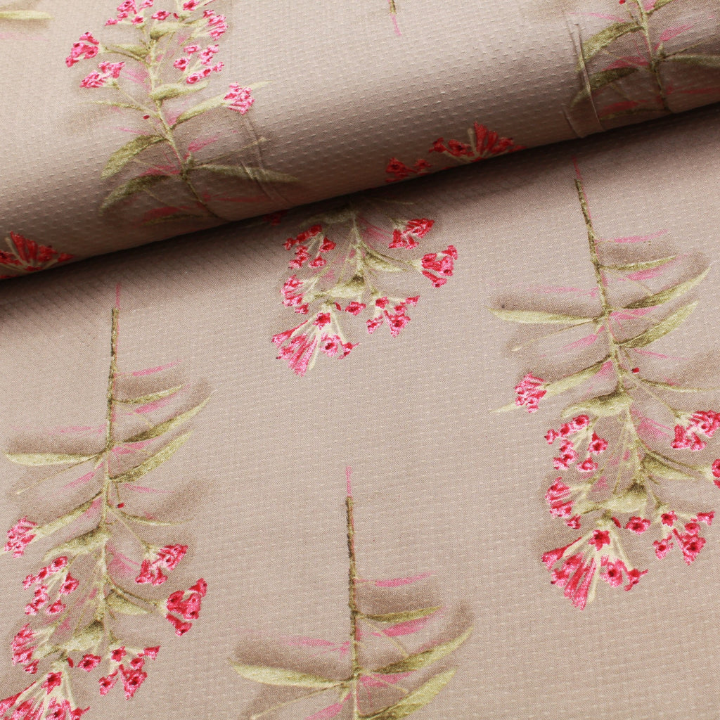 100% Rayon Fabric, Spring Floral Leaves - Pink