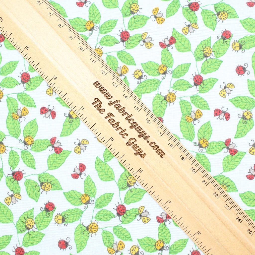 Polycotton Fabric - 'Ladybirds & Leaves' - 44" Wide