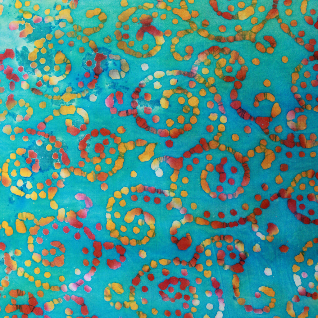 100% Cotton Batik Fabric - Swirls - 44" Wide Light Blue & Orange