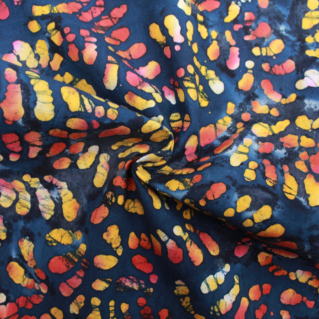 100% Cotton Batik Fabric - Painted Splashes - 44" Wide Dark Navy & Orange