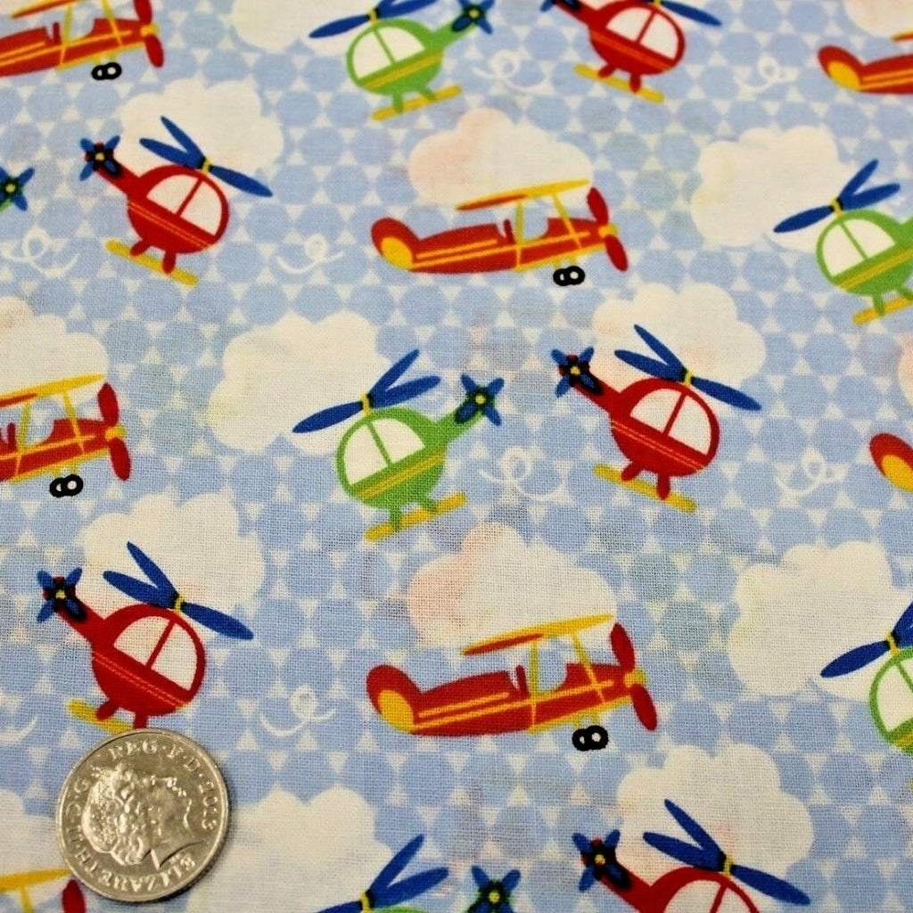 Helicopters Themed Quilting Cotton, Zoom Collection, Blue, Grey, Green
