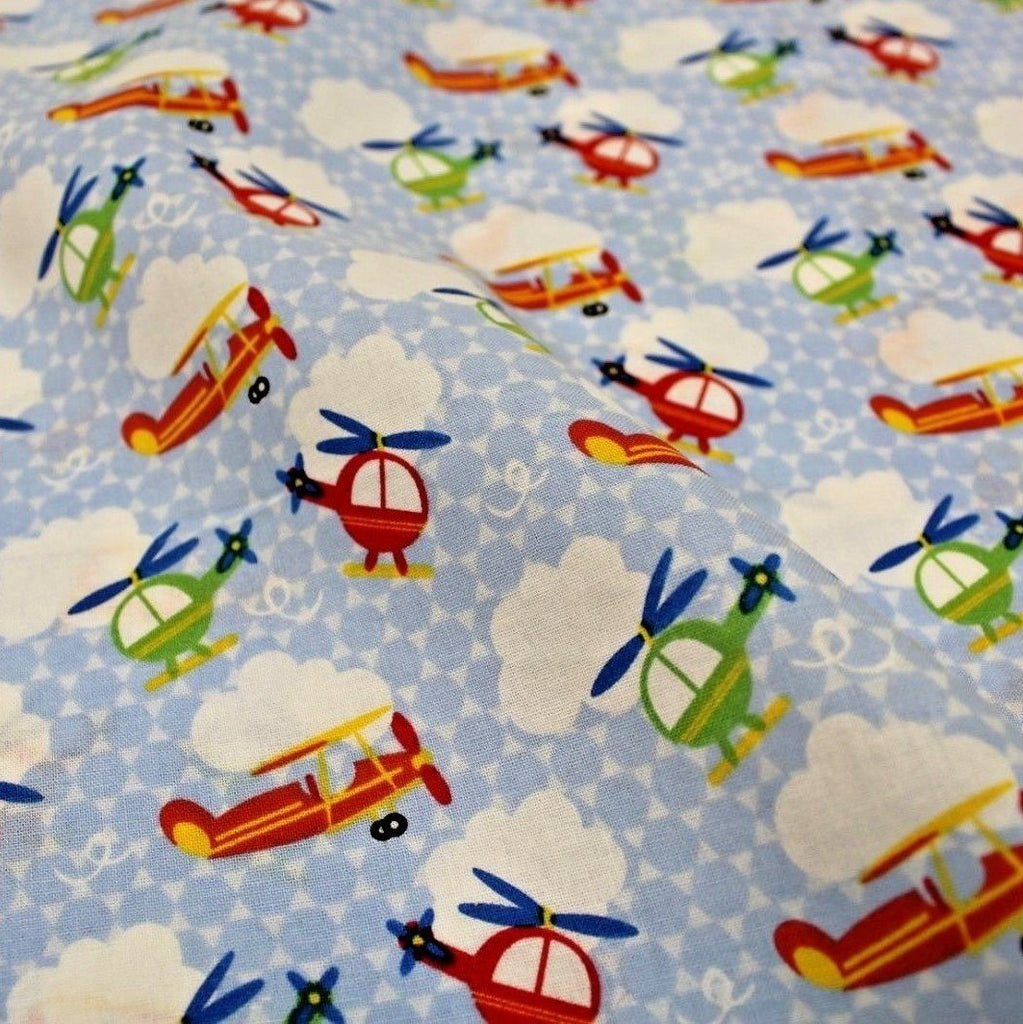 Helicopters Themed Quilting Cotton, Zoom Collection, Blue, Grey, Green